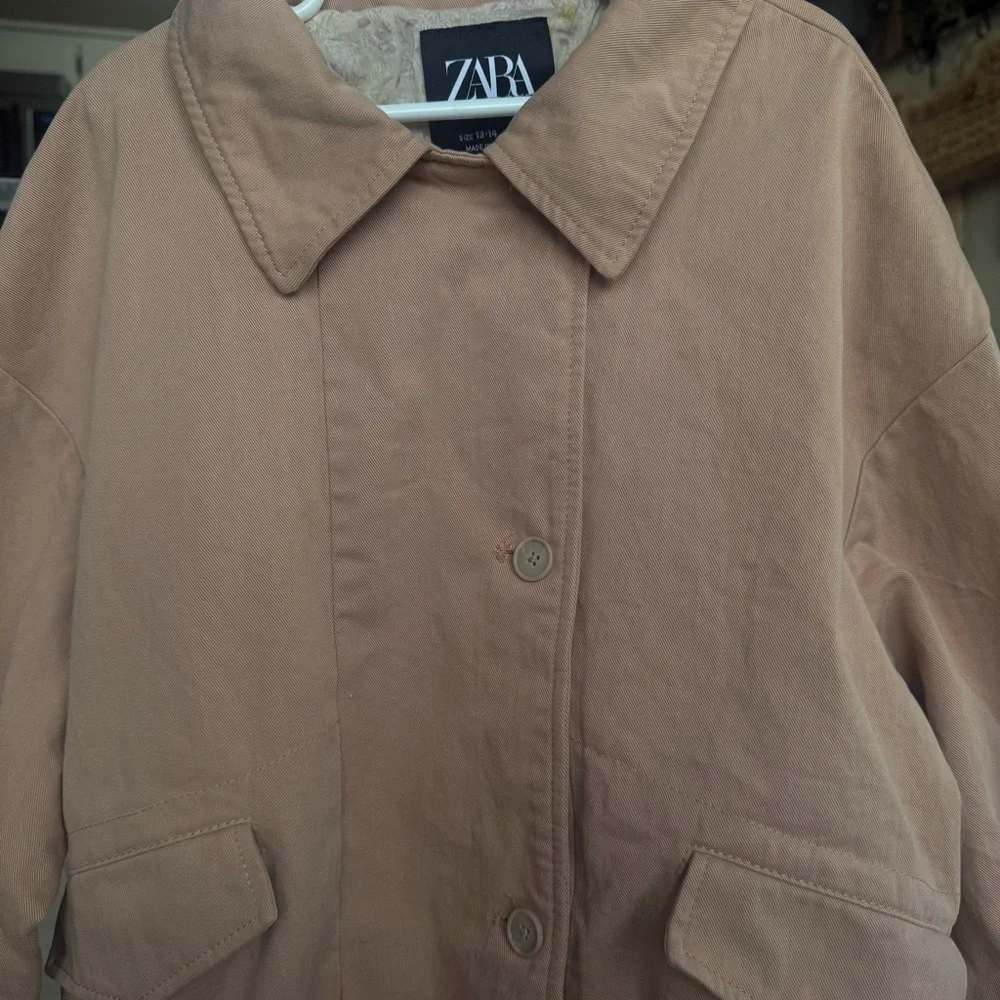 Zara Girls Utility Tan Cotton Pocket Jacket 13-14 Elastic Hem Lined